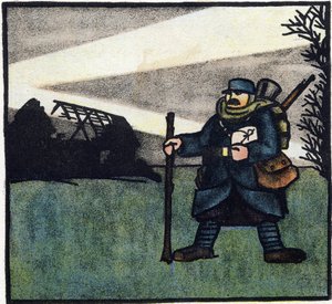 第一次世界大戦1914-1918（14-18）：毛深い。リュック、バッグ、ライフルを背負った軍服姿のフランス軍兵士の肖像。Alphabet of the Great War 1914-1916 (for the children of our soldiers)』のエングレーヴィング。ベルジェ＝ルヴロー版