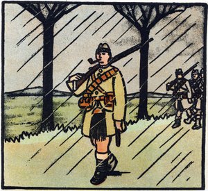 第一次世界大戦1914-1918（14-18）：ハイランダースコットランドからフランス軍を助けに来た兵士たち。彼らの軍服はキルト1枚。Alphabet of the Great War 1914-1916 (for the children of our soldiers)』のエングレーヴィング。ベルジェL版