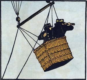 第一次世界大戦1914-1918（14-18）：捕虜となった気球に乗って敵を発見しようとするフランス軍の観測隊員（観測所）。Alphabet of the Great War 1914-1916 (for the children of our soldiers)』のエングレーヴィング。ベルジェ＝ルヴロー版 作： Andre Helle