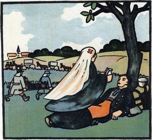第一次世界大戦1914-1918（14-18）：戦地まで兵士の看護に来た赤十字の看護婦。Alphabet of the Great War 1914-1916 (for the children of our soldiers)』のエングレーヴィング。ベルジェ＝ルヴロー版 作： Andre Helle