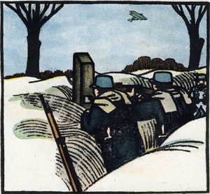 第一次世界大戦1914-1918（14-18）：塹壕のフランス軍兵士（毛むくじゃら）。Alphabet of the Great War 1914-1916 (for the children of our soldiers)』の中のエングレーヴィング。ベルジェ＝ルヴロー版 作： Andre Helle
