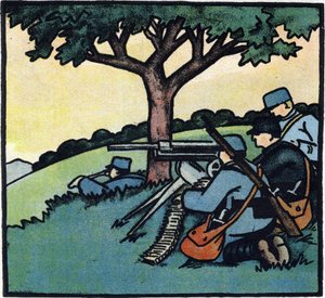 第一次世界大戦1914-1918（14-18）：戦場で機関銃を使用するフランス軍の兵士たち。Alphabet of the Great War 1914-1916 (for the children of our soldiers)』のエングレーヴィング。ベルジェ＝ルヴロー版 作： Andre Helle