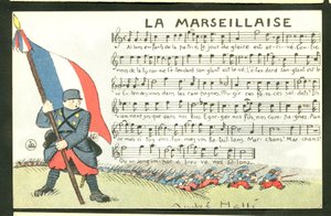 ポストカード、風刺的な色彩：アンドレ・ヘル（1875-1945）による「ラ・マルセイエーズ-14～18年戦争」、マルセイエーズ、歌のイラストレーション 作： Andre Helle
