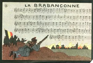 1915年頃の風刺絵葉書：アンドレ・ヘル（1875-1945）による「ラ・ブラバンコンヌ-14～18年戦争、ベルギー、聖歌、兵士のイラストレーション 作： Andre Helle