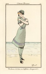 ツートン タフタの水着を着たビーチの女性 作： Andre Pecoud