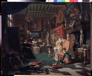 「「肖像画を描く画家アンソニー (アントゥーン) ヴァン ダイク (1599-1641) のスタジオ」」 (サー アントニス ヴァン ダイクが肖像画を描く) Andre Plumot (1829-1906) による絵画 1853 地方美術館、カルーガ ロシア 作： Andre Plumot