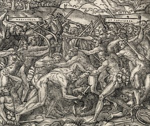 マルガゲース族とタバジャレス族の戦い、アンドレ・テベ（1504-1592）の『万国宇宙論』からの版画 作： Andre Thevet
