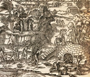 キューバの鉱山で働くインドの奴隷、Andre Thevet による Cosmography のイラスト、彫刻