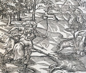 イノシシ狩りをするインド人、アンドレ・テヴェ（1504-1592）の『万国宇宙論』からの版画、パリ 作： Andre Thevet