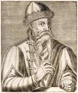 ヨハネスグーテンベルク：1584年に出版されたAndréThévetによるTrue Portraitsから、可動式印刷機の発明者であるドイツの発明家が印刷革命を開始しました 作： Andre Thevet