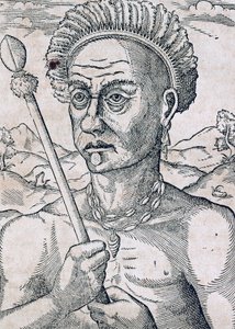 ブラジルのクオニアンベック王、アンドレ・テヴェット（1504-1592）の『万能の宇宙論』からの版画、パリ 作： Andre Thevet