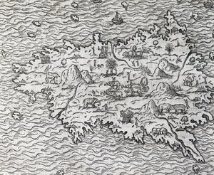 スマトラ島の地図、アンドレ・テベ（1504-1592）の彫刻、フランス・パリ 作： Andre Thevet