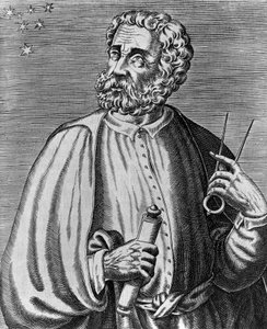 ポルトガルの航海者フェルディナンド・マゼラン（1480-1521）の肖像、アンドレ・テヴェ（1504-1592）のエングレーヴィング（「True portraits and life of Illustrious men（偉大な人物の肖像と人生）」より 作： Andre Thevet