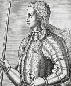 フランスの聖人であり軍事的指導者であったジョーン・オブ・アーク（1412-1431）の肖像、アンドレ・テヴェ（1502-1590）によるエングレーヴィング 作： Andre Thevet