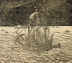 アンドレ・テヴェ（1504-1592）の『万国宇宙論』からの版画「北方航路を行く船乗りたち」、パリ 作： Andre Thevet