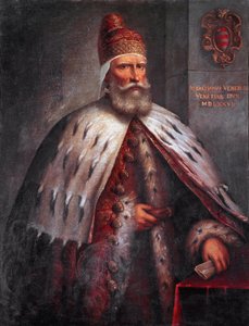 ドージェ・セバスティアーノ・ヴェニエ（1496-1578）の肖像（コンドッティエール 1571年のレパントの海戦では、フランチェスコ・ドゥオードとともにヴェネツィア艦隊を率いた。アンドレア・デ・ミチェリ・ディット・イル・ヴィセンティーノ（約1539-1617）の絵画 ヴェネツィア、コレール美術館 作： Andrea Vicentino