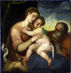 聖家族と洗礼者ヨハネ par Schiavone, Andrea (ca. 1520-1582).キャンバスに油彩、サイズ：98x93、プラハ城蔵 作： Andrea Schiavone