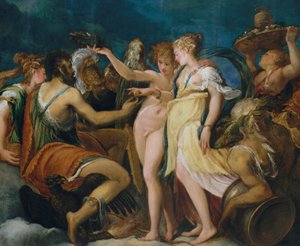 キューピッドとプシュケの結婚、1550年頃（木の油、メゾナイトに移された） 作： Andrea Schiavone