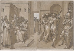 シートの左側で手を洗うピラト、1585 年。 作： Andrea Andreani
