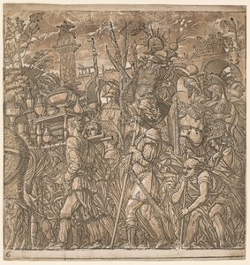 ジュリアスシーザーの勝利：花瓶と戦争のトロフィーを運ぶ兵士、1593-99年。 作： Andrea Andreani