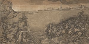 紅海の交差点、モーセは左に立ち、水没する軍隊を指しています..., 1589.
