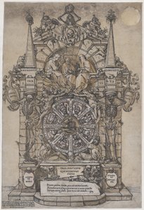 運命の輪の側面の上の建築フレームに 3 つの運命を伴う死の勝利...、1588 年。 作： Andrea Andreani