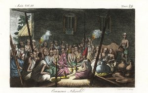 Cerimônia de casamento brâmane hindu ou Bibaha realizada na casa da esposa. Placa de cobre colorida à mão desenhada e gravada por Andrea Bernieri segundo Francois Solvyns de Giulio Ferrario
