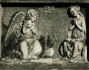 受胎告知」アンドレア・デッラ・ロッビア（1435-1525または1528）作、イタリア・トスカーナ州プラートのマドンナ・デル・ブオン・コンシリオのオラトリオ、『Le cento citta d