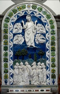 アンドレア・デッラ・ロッビア（1435-1525）による「聖母と11人のアポレスを伴ったイエスの昇天」低陶製レリーフ 1490年頃 薄さ475 x 305 cm イタリア、サンチュアリオ・デッラ・ヴェルナ