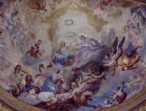 聖母の戴冠」は、アンドレア・ランザーニ（1641-1712）が1699年に描いたフレスコ画で、ロディのインコロナータ聖域の聖歌隊のものです。イタリア 作： Andrea Lanzani