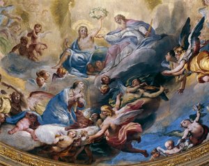聖母の戴冠」は、アンドレア・ランザーニ（1641-1712）が1699年に描いたフレスコ画で、ロディのインコロナータ聖域の聖歌隊席にあります。イタリア 作： Andrea Lanzani
