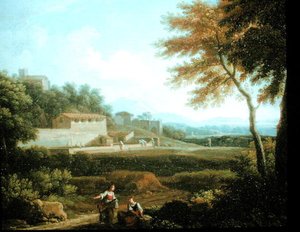 街を背にした休息者のいる風景（油彩・キャンバス） 作： Andrea Locatelli
