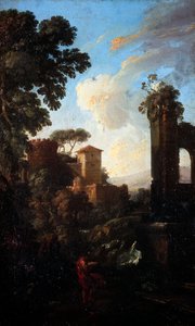 遺跡と画家のいる風景」アンドレア・ロカテッリ（1695-1741）作、油彩・キャンバス、41x25cm。
