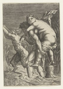 男は女を背負い、サテュロス 作： Andrea Mantegna (school of)