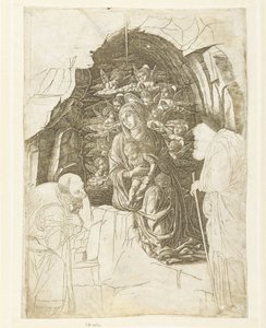 マリアと子供が洞窟で天使に囲まれ、ヨセフと王が崇拝している 作： Andrea Mantegna (school of)