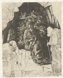 ヨセフと王が崇拝している洞窟で天使に囲まれた子供を持つメアリー 作： Andrea Mantegna (school of)