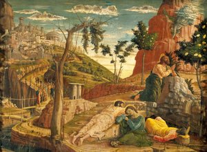 アンドレア・マンテーニャ（1431-1506）作「庭の苦悩」、木にテンペラ、71x94cm 作： Andrea Mantegna
