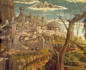アンドレア・マンテーニャ（1431-1506）作「庭の苦悩」、木にテンペラ、71x94cm、エルサレムの詳細図