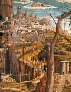 アンドレア・マンテーニャ（1431-1506）作「庭の苦悩」、木にテンペラ、71x94cm、エルサレムの詳細図