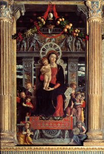 サン・ゼーノの祭壇画：中央パネル「9人の天使を従えた聖母子」 アンドレア・マンテーニャ（1431-1506）による絵画 1457-1459 イタリア、サン・ゼーノ大聖堂、ヴェローネ 作： Andrea Mantegna
