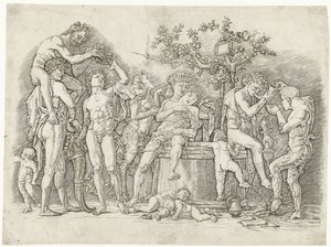 ワインプレスでのサテュロスとバッチャントとバッカナル 作： Andrea Mantegna