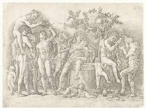 ワインプレスでのサテュロスとバッチャントとバッカナル 作： Andrea Mantegna