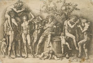 ワインの大樽の樽、c.1470-90（彫刻とドライポイント） 作： Andrea Mantegna