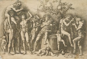 ワインバットを持ったバカナル、カリフォルニア州。 1470-90。 作： Andrea Mantegna