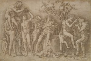 1470-90年のワインの大桶を持つバッカナル 作： Andrea Mantegna
