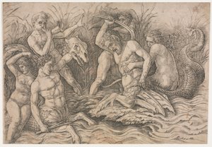 海の神々の戦い-右の部分、c。 1485-88。 作： Andrea Mantegna