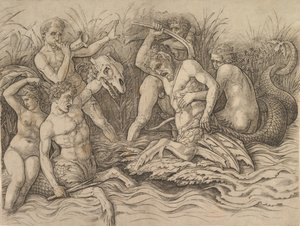 海の神々の戦いフリーズの右の部分、およそ。 1485-88。 作： Andrea Mantegna
