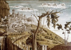 オリーブの木の庭で祈るキリスト、プレデッラの左側、サンゼーノの祭壇画（木のテンペラ、1457-1460年頃）