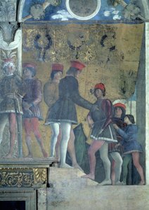 Camera degli SposiまたはCamera Picta、1465-74年のフレスコ画78449の詳細から、マントヴァのマルケスLudovico Gonzaga IIIの宮廷の廷臣 作： Andrea Mantegna