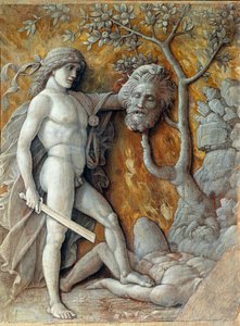 ダビデがゴリアテの首を持つ絵 アンドレア・マンテーニャ（1431-1506）作 1490 Sun.36x48.5 cm ウィーン、美術史博物館